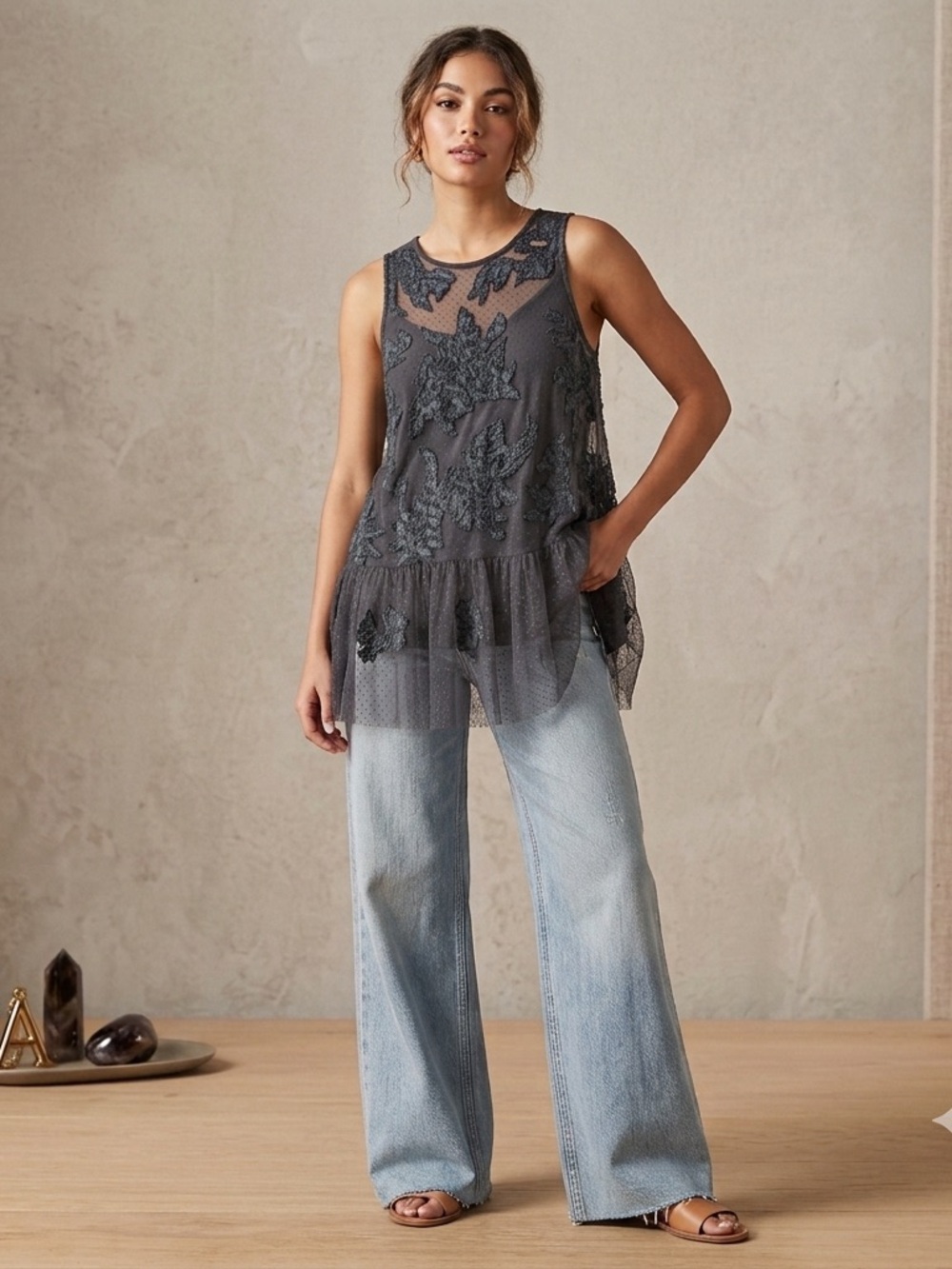 Anthropologie Charcoal Floral Lace Tiered Mesh Camisole